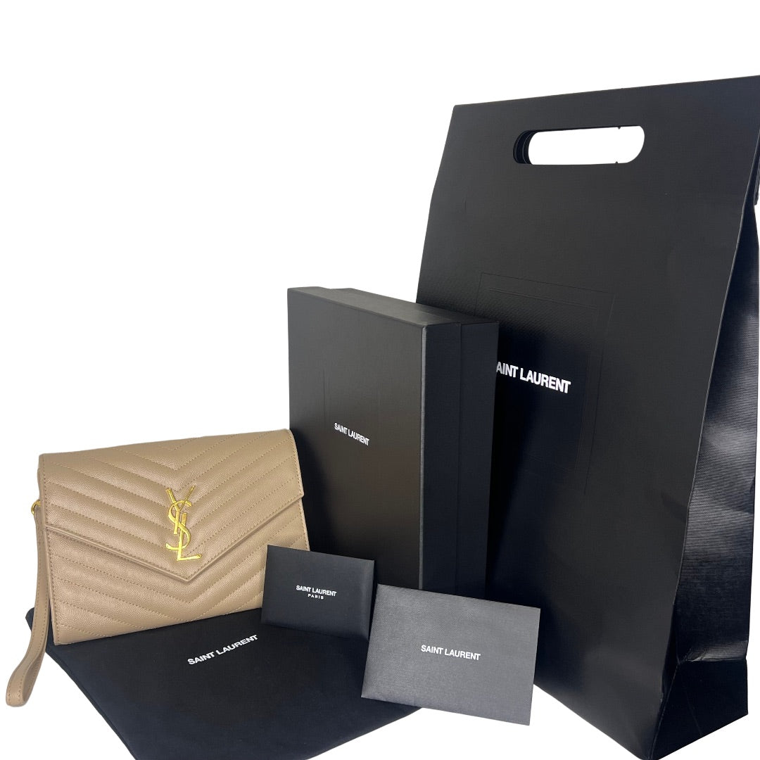 Yves Saint Laurent (YSL) Cassandra Clutch – Chevron Quilted Leather Beige
