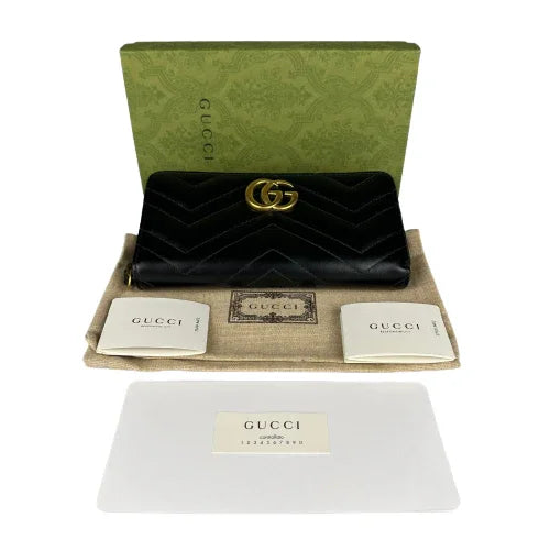 Gucci GG Marmont Zip-Around Long Wallet, Black Matelassé Chevron Leather