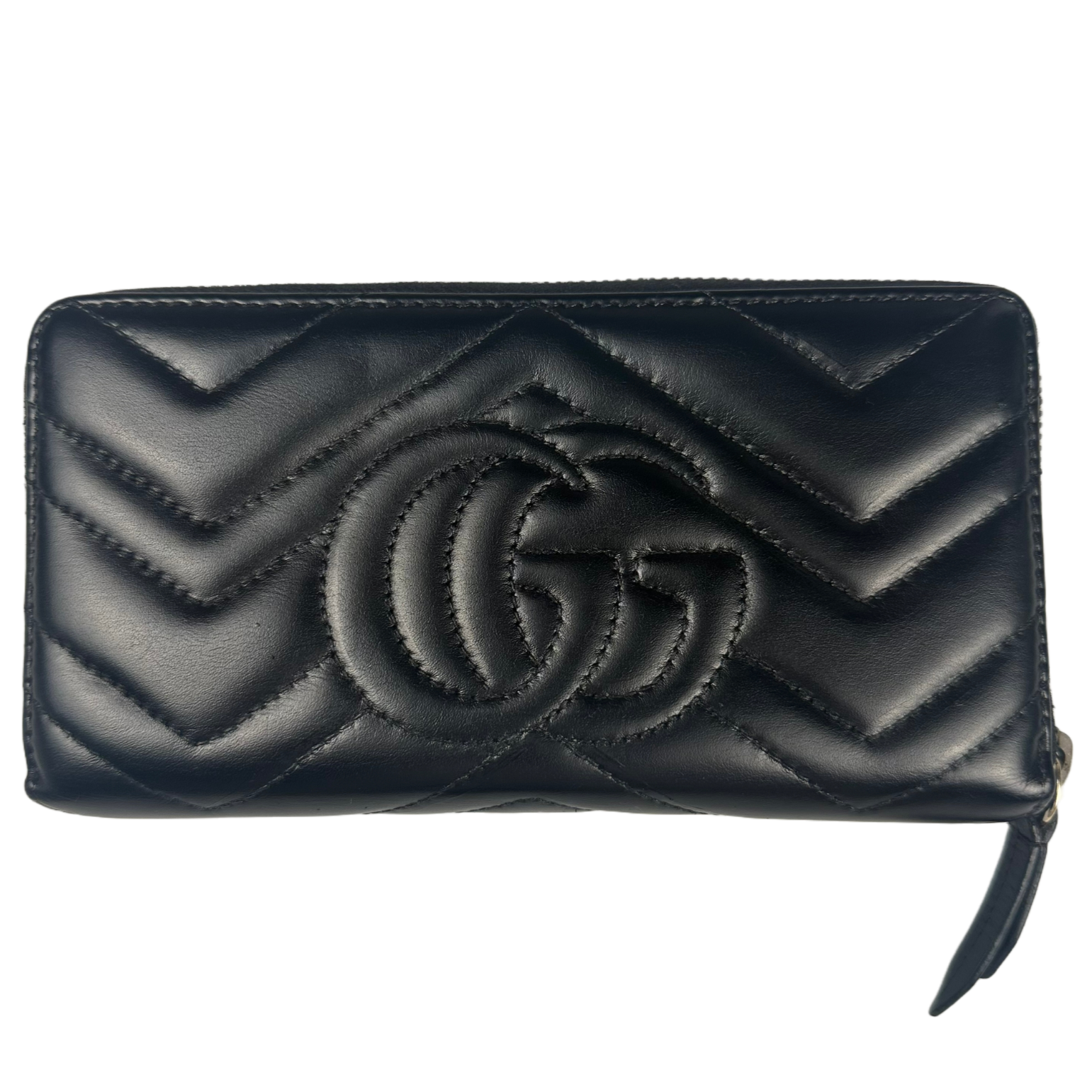 Gucci GG Marmont Zip-Around Long Wallet Black Matelassé Chevron Leather