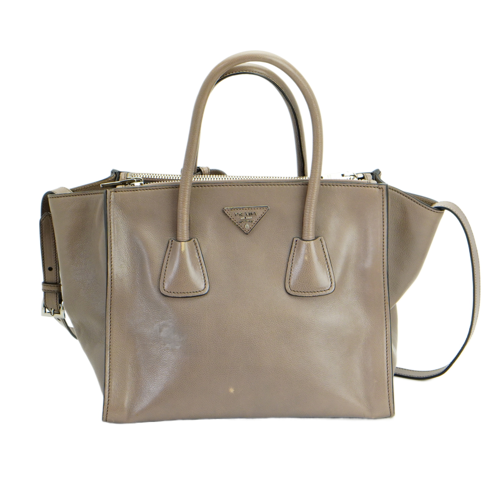 Prada Twin Pocket Tote Glace Calf Leather Bag Taupe